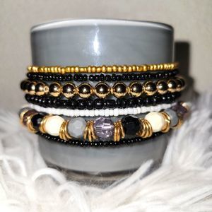 Beaded Bracelet Stack (7) - Black/Gold Tones